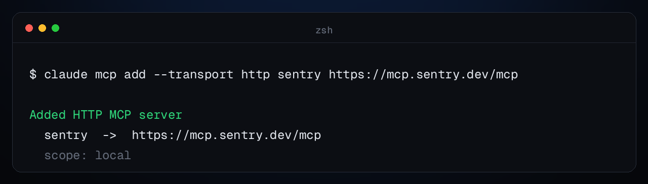 Terminal showing the claude mcp add command and the confirmation that the server was added