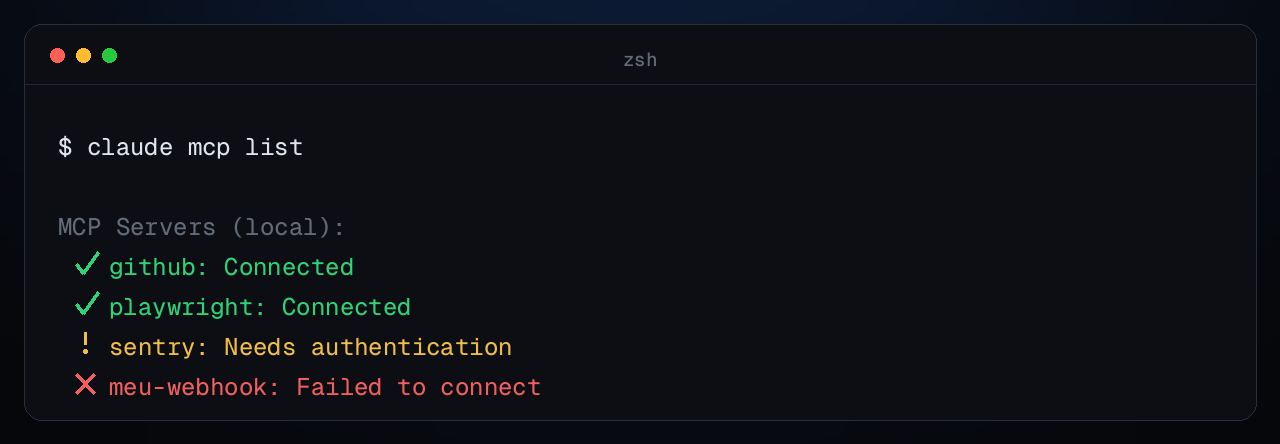 Output of the claude mcp list command with connected servers and one with an error